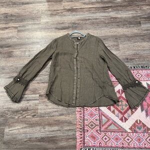 XCVI NEW! Taupe 100% Linen Mandarin Collar Buttoned Shirt w/ Lace Cuffs NWOT